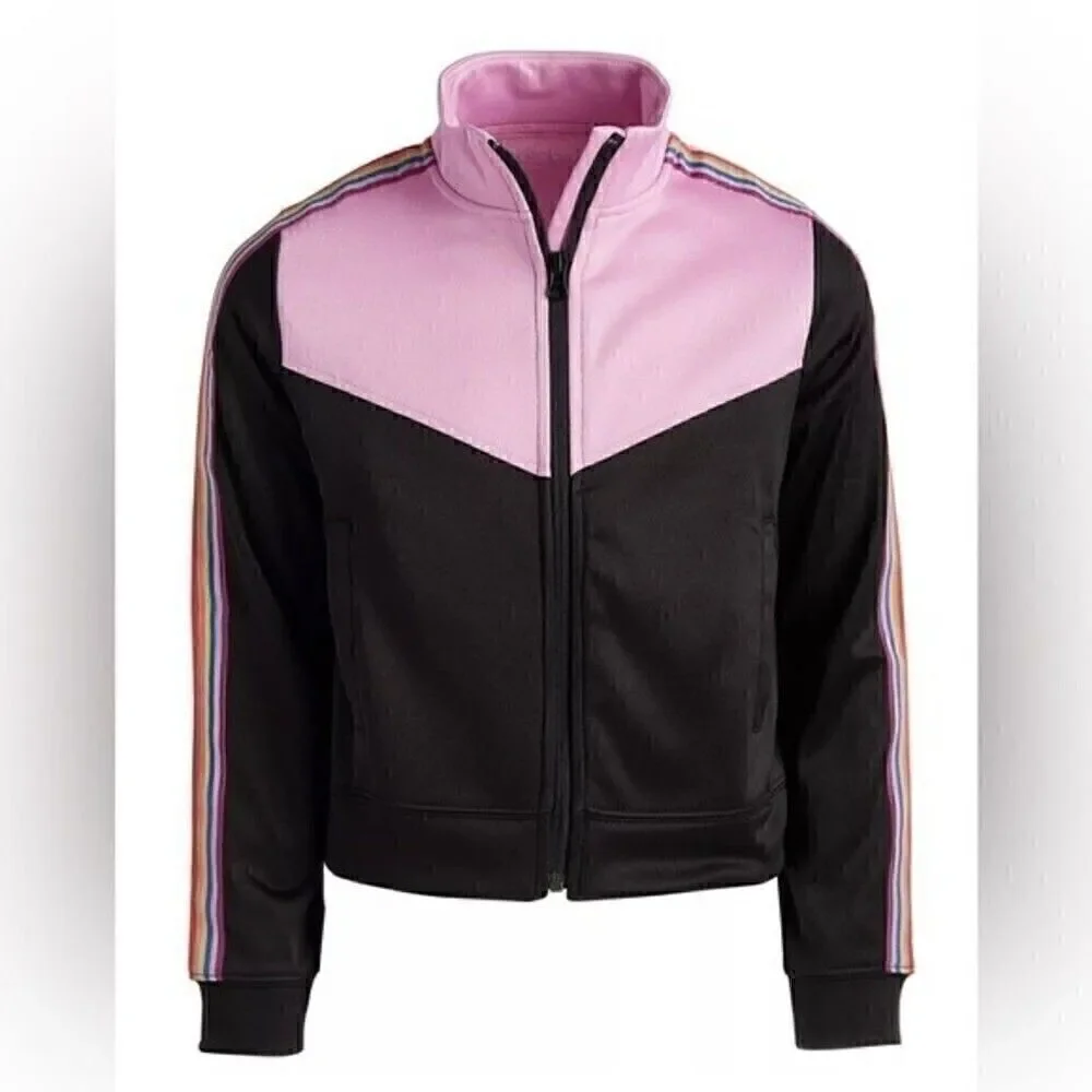 New Ideology Big Girls Rainbow Striped Track Jacket Pink/Black sweater s…